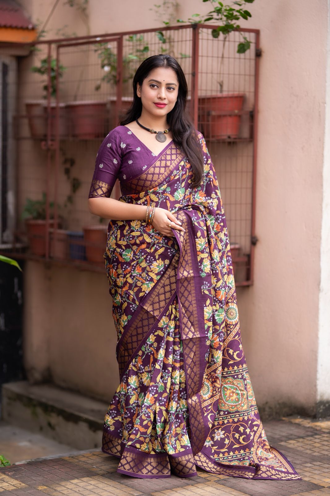 Plum Lilac Handloom Kalamkari Soft Silk Saree